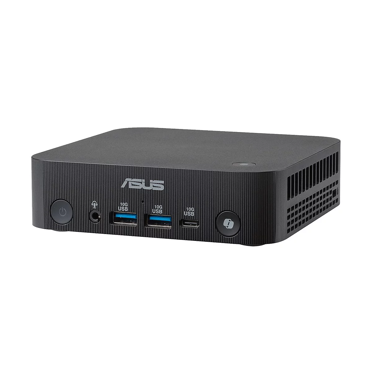 Schwarzer Asus Mini-PC mit USB-Anschlüssen, Kopfhörerbuchse und Power-Taste auf der Vorderseite.