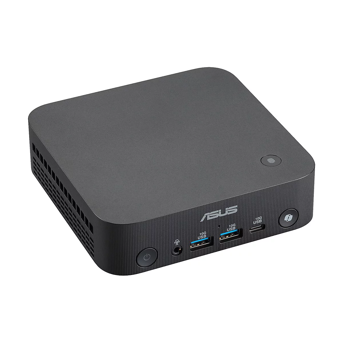 Kompakter, quadratischer Asus Mini-PC in Anthrazit mit Frontanschlüssen und Power-Button auf weißem Hintergrund.