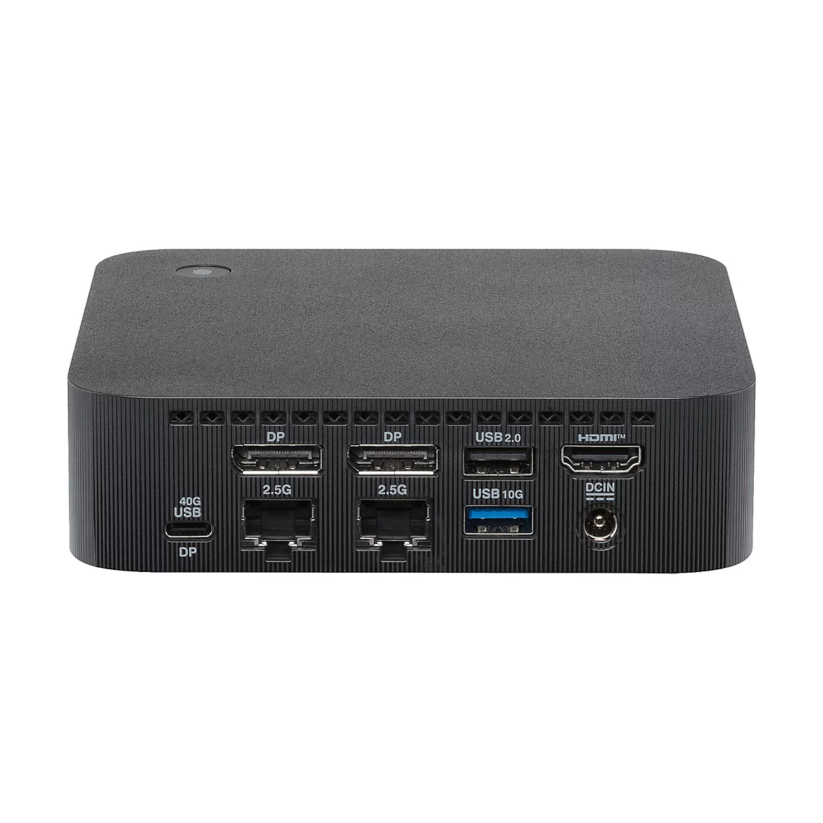 Rückseite einer schwarzen Dockingstation mit diversen USB-, HDMI-, DP- und Ethernet-Anschlüssen.