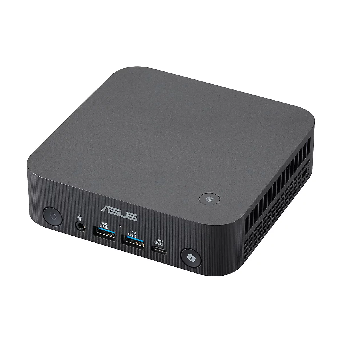 Kompakter, quadratischer schwarzer Asus Mini-PC mit Anschlüssen auf der Vorderseite.