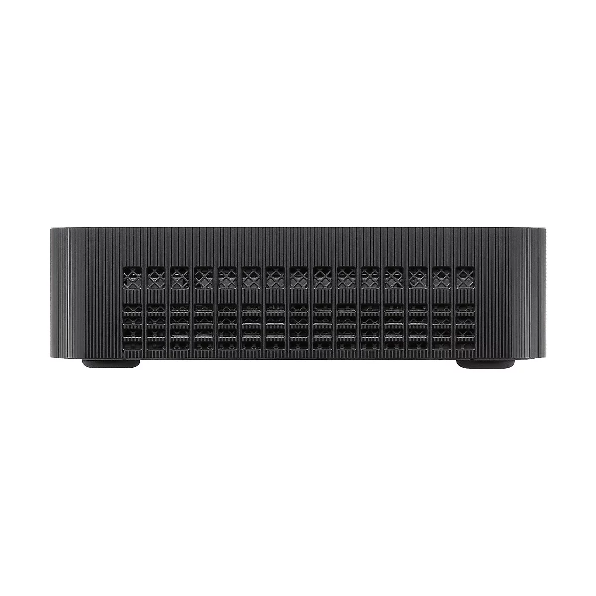 Schwarzes Computergehäuse mit Lüftungsgitter an der Front vor weißem Hintergrund.