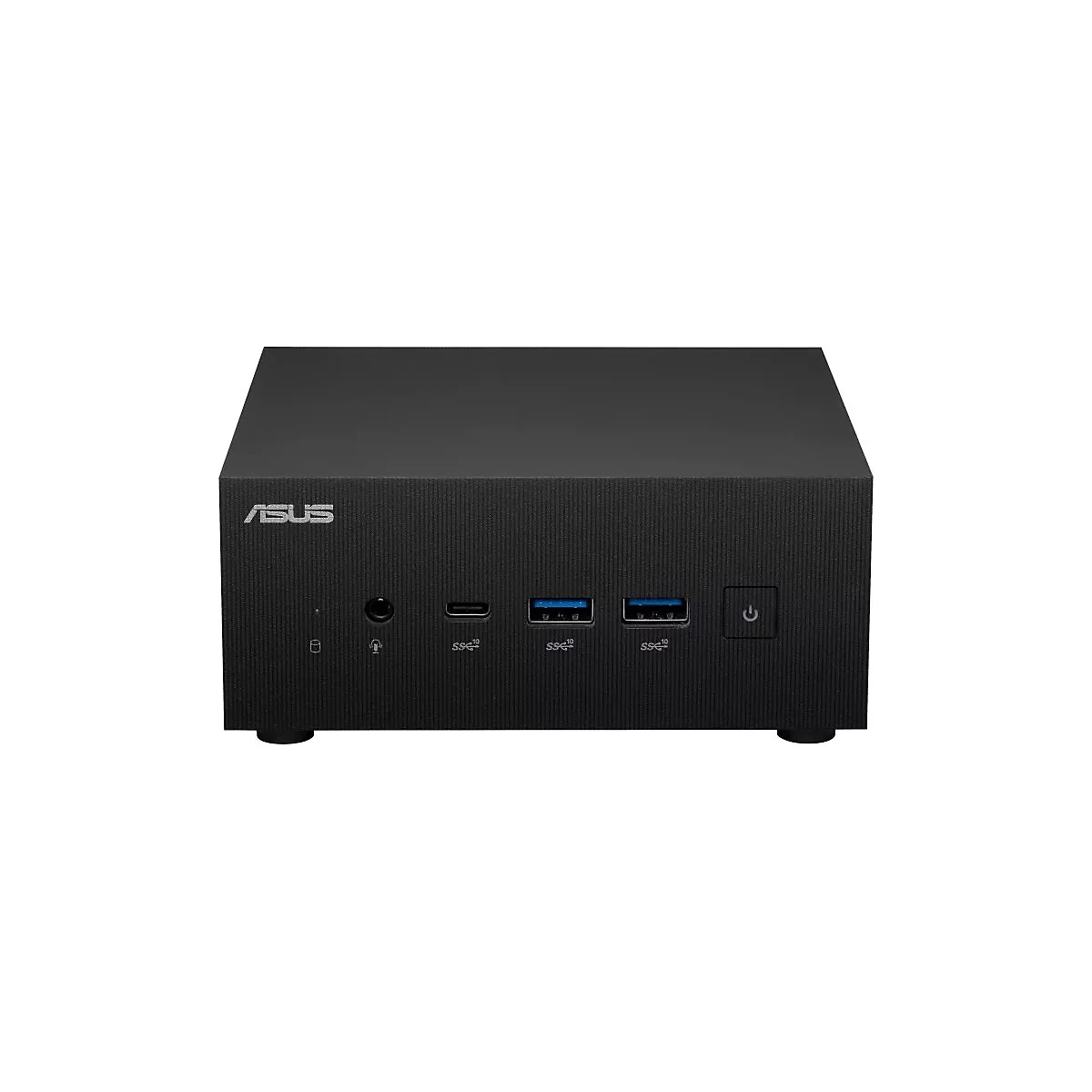 Ein schwarzer Mini-PC mit den Anschlüssen USB, USB-C und Kopfhöreranschluss, sowie einem Power-Button.