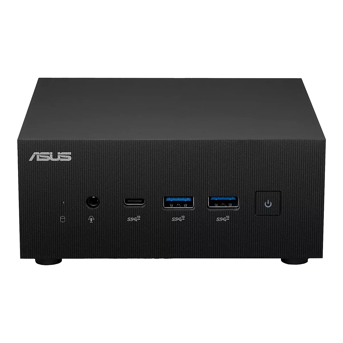 Schwarzer ASUS Mini-PC. Frontansicht mit Logo, Anschlüssen und Einschaltknopf.