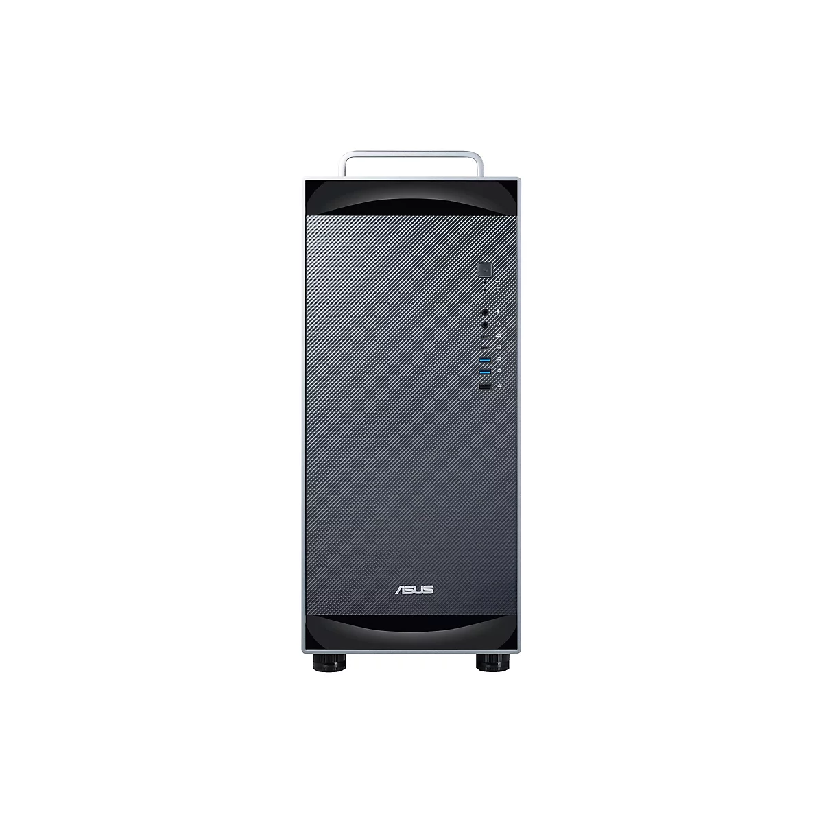 Asus Tower-PC mit silberner Front, Tragegriff oben und Anschlüssen an der rechten Seite vor weißem Hintergrund.