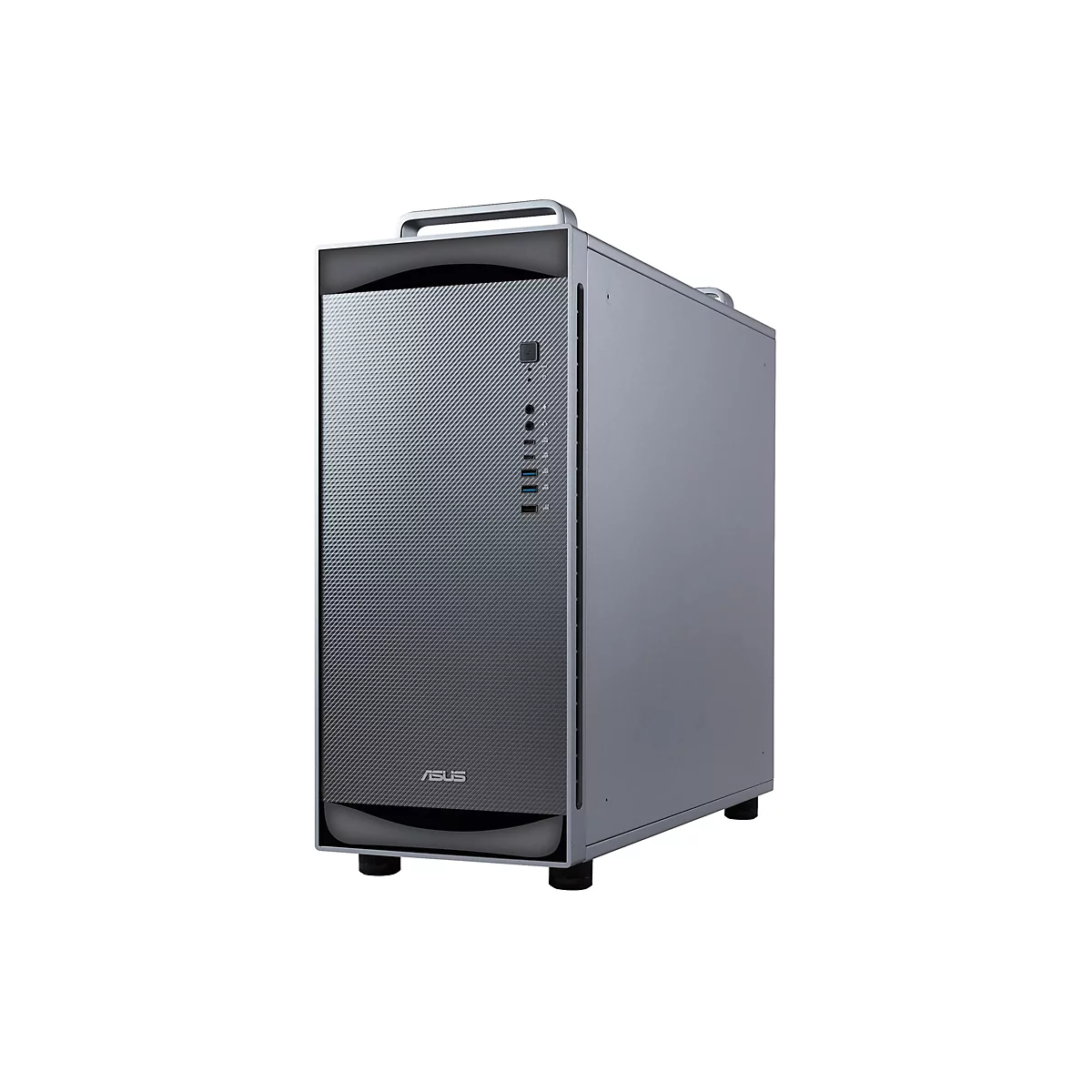 Grauer Asus Tower-PC vor weißem Hintergrund mit strukturierter Front und Tragegriff.