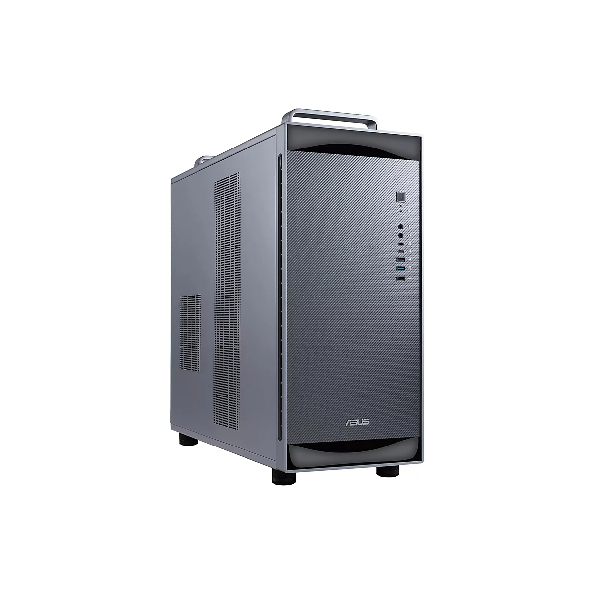 Grauer ASUS Tower-PC mit Carbon-Optik Front und Tragegriff auf weißem Hintergrund.