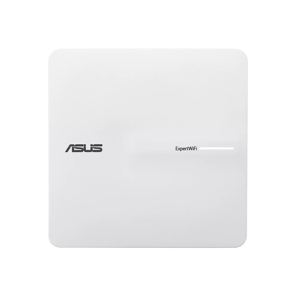 Ein weißes ASUS ExpertWifi Gerät, rechteckig, abgerundete Ecken, ASUS-Logo links oben, Schriftzug 'ExpertWifi' und Strich.