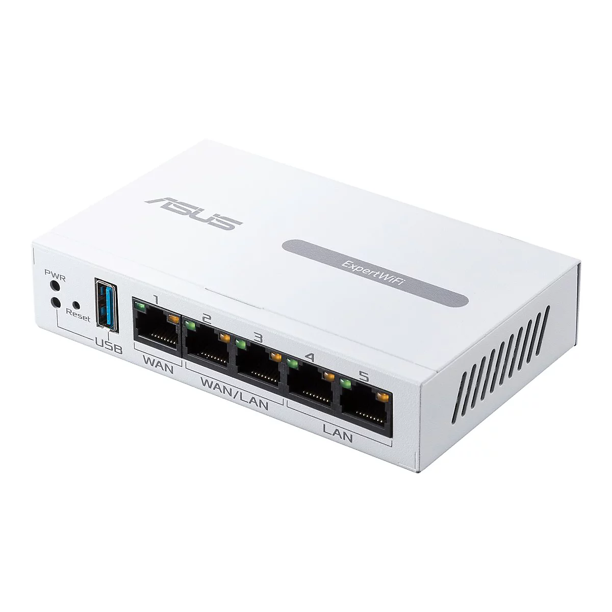 WeiÃŸer Router mit Asus-Logo und AnschlÃ¼ssen. Aufschrift 'ExpertWiFi'. AnschlÃ¼sse mit 'WAN' und 'LAN' beschriftet.