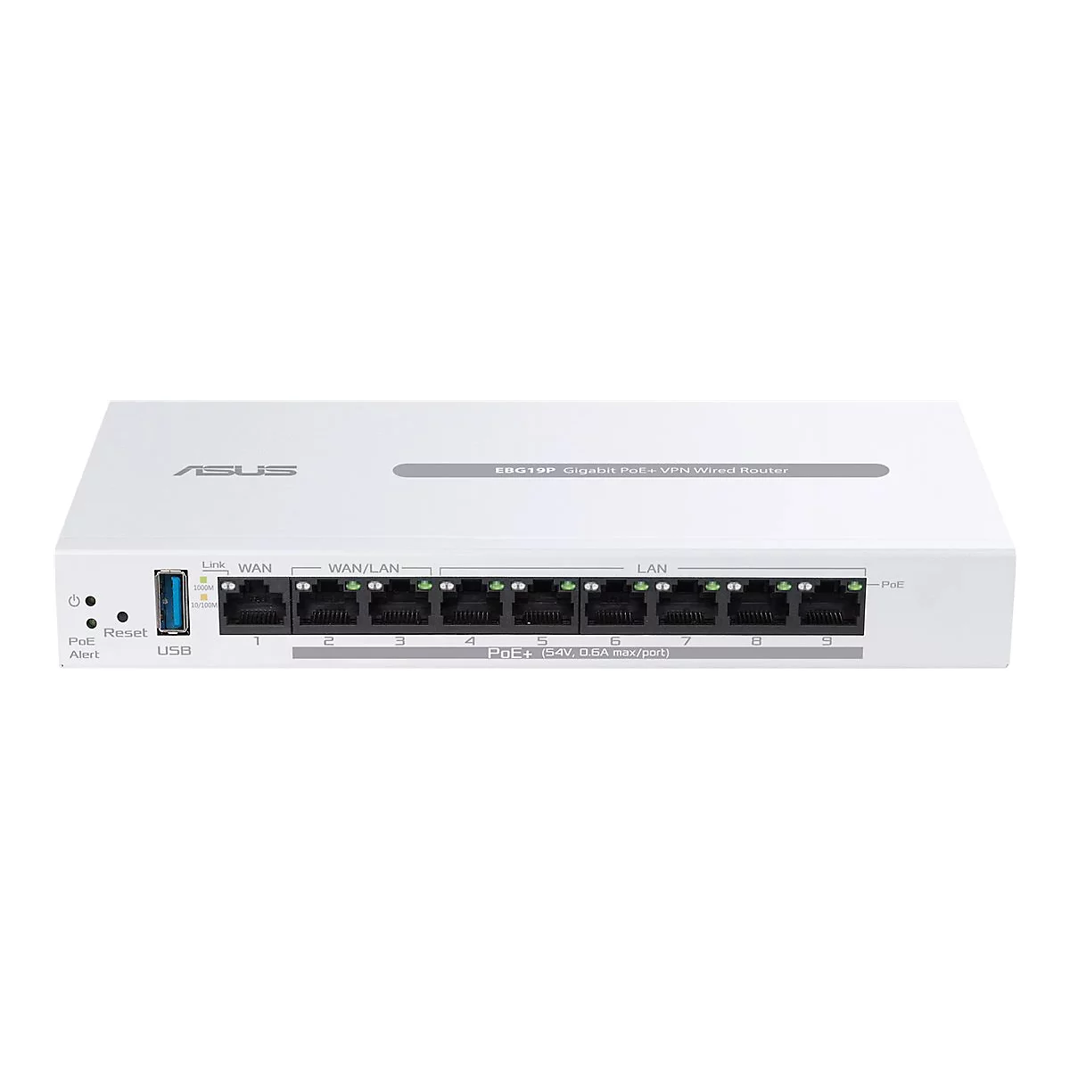 Weißer ASUS-Router mit Anschlüssen, Beschriftungen und Anzeigen.