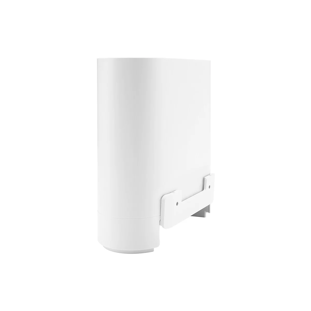 Ein weißes, zylindrisches Gerät mit Halterung, vor weißem Hintergrund.