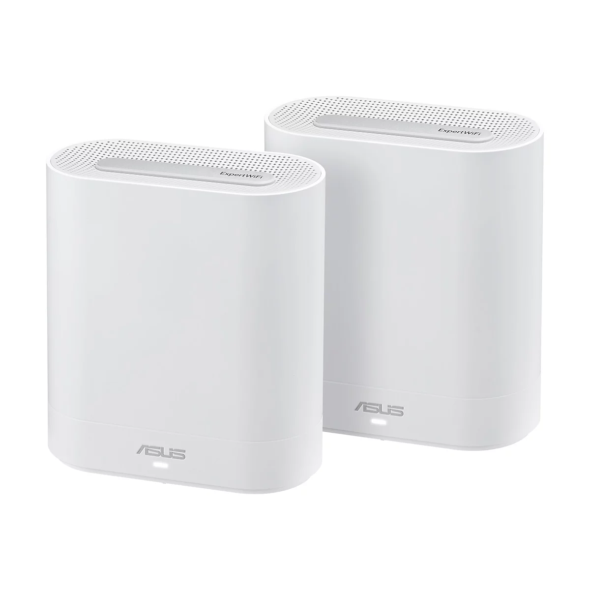 Zwei weiße Router mit der Aufschrift "ExpertWiFi". Auf den Geräten ist das ASUS Logo zu sehen.