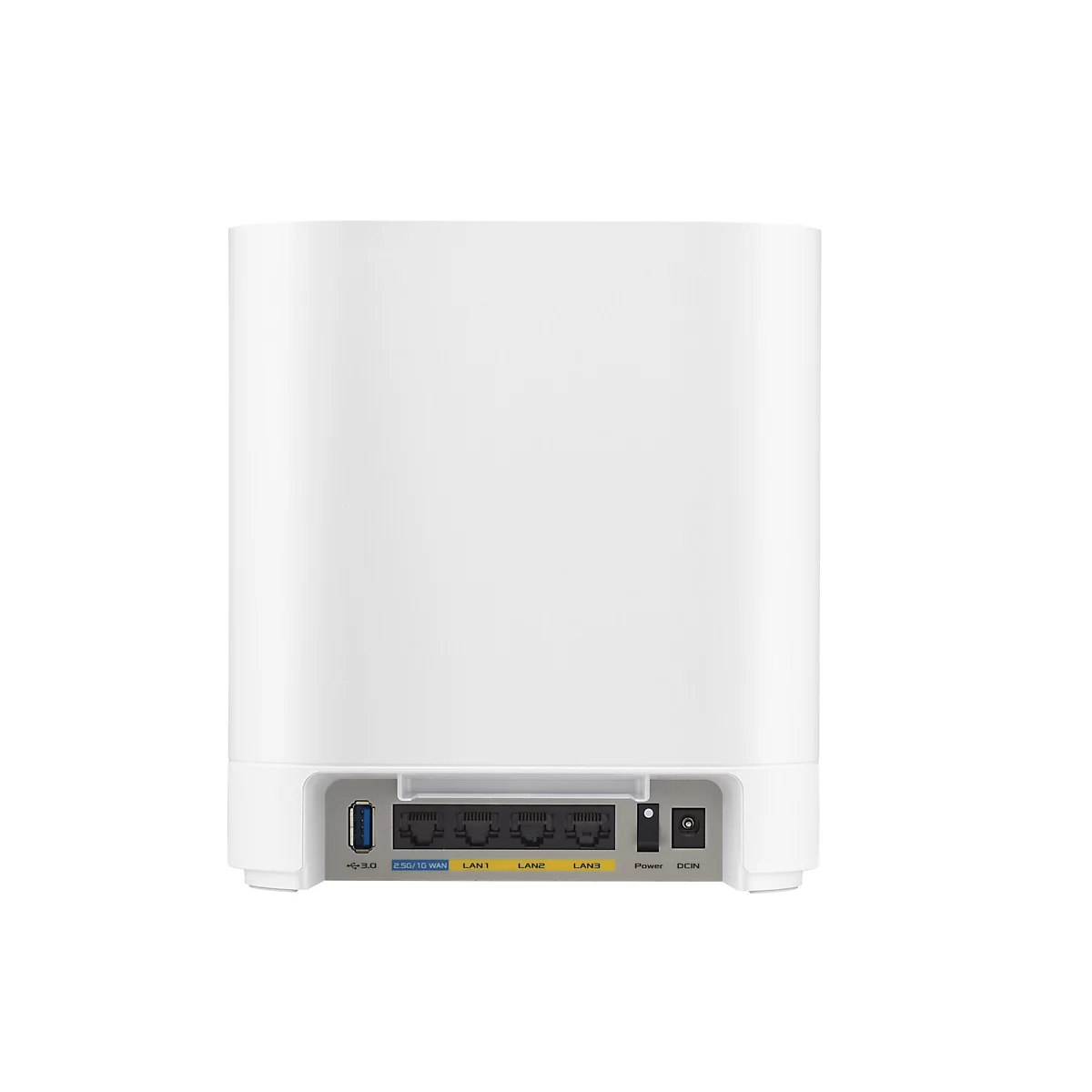 Rückseite eines weißen Routers mit Anschlüssen für USB, LAN und Strom.