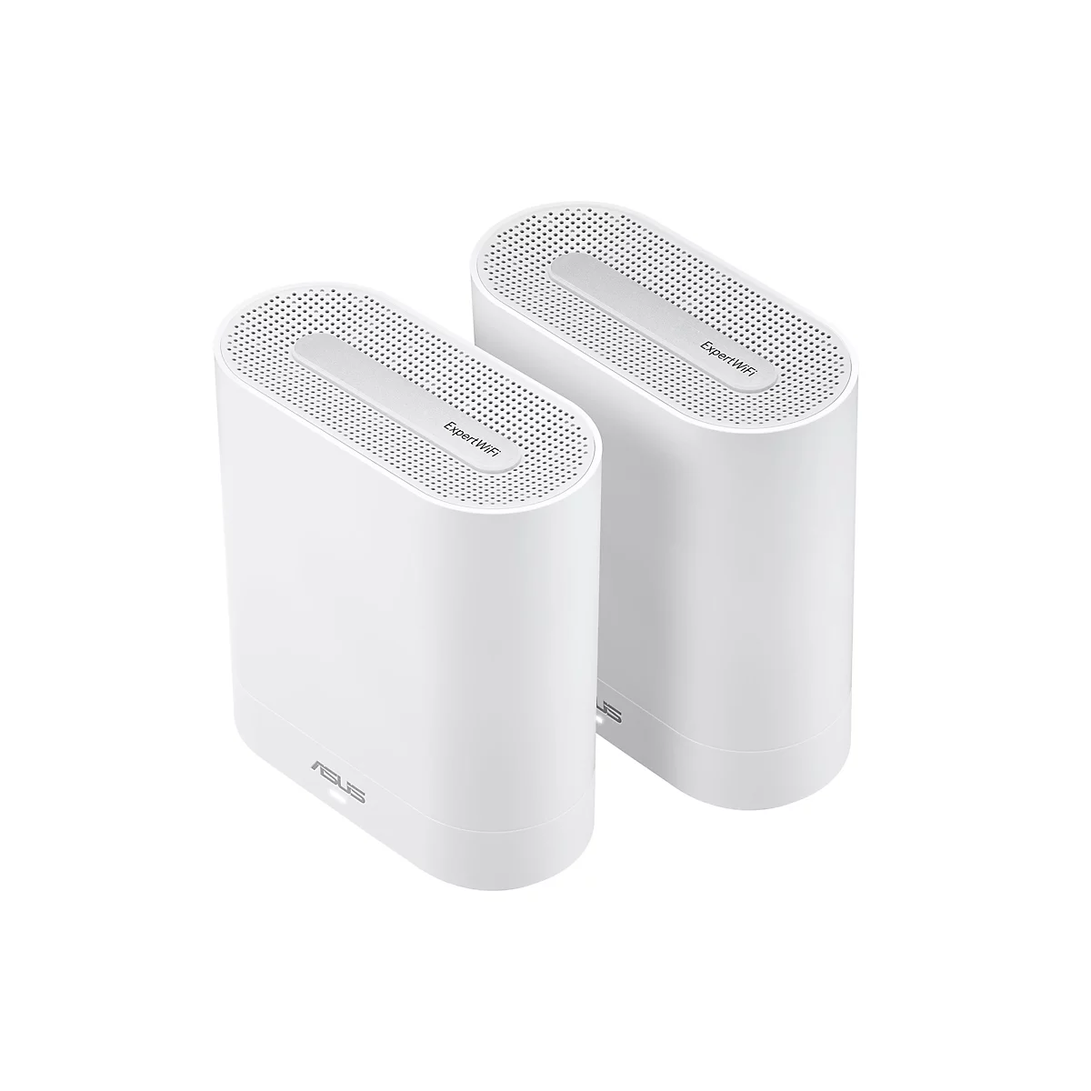 Zwei weiße Router mit der Aufschrift "ExpertWiFi" auf der Oberseite. Das Asus-Logo ist auf der Unterseite sichtbar.