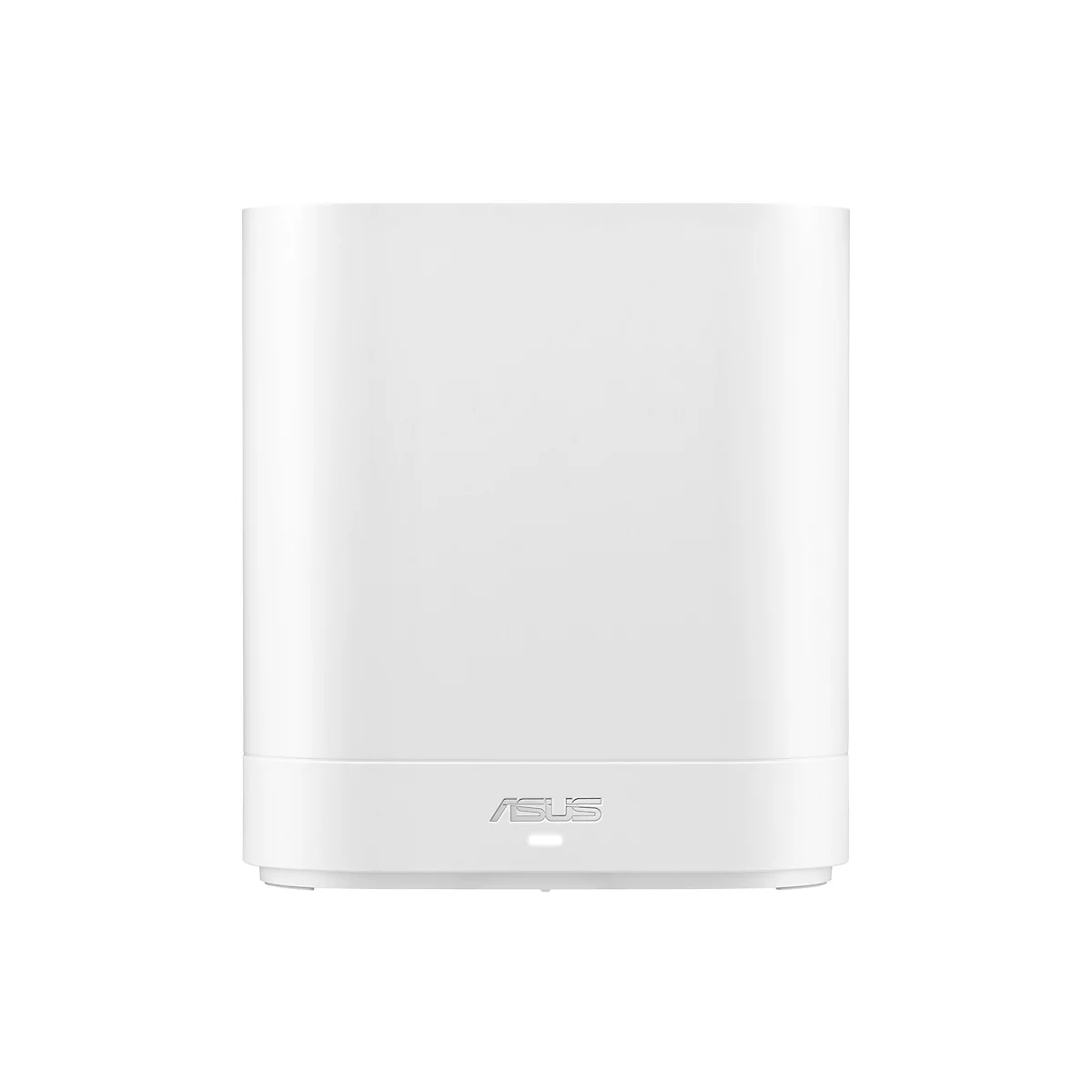 Weißer ASUS-Router auf weißem Hintergrund. Unten das ASUS-Logo, darunter eine kleine Leuchte.