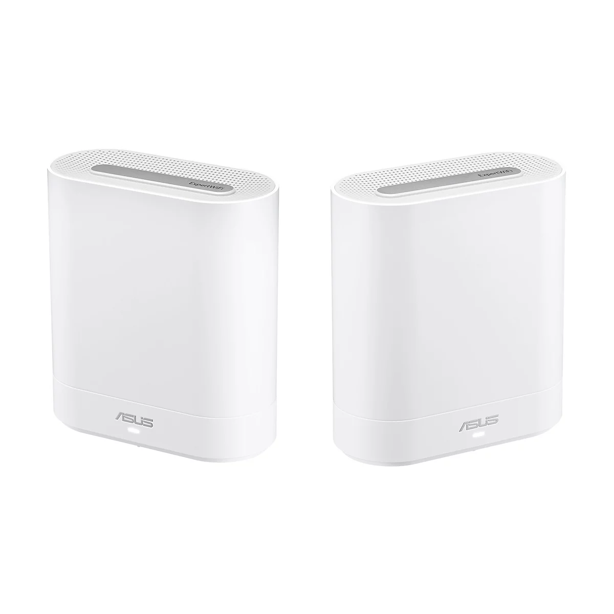 Zwei weiÃŸe, zylindrische Router mit der Aufschrift ASUS. Sie haben eine rechteckige Oberseite mit grauem Gitter.