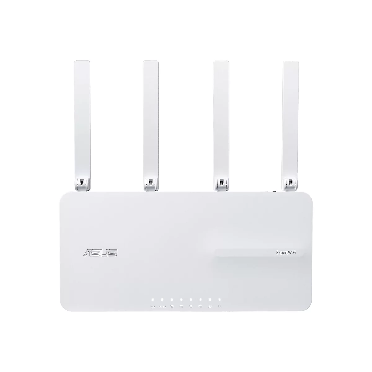 Weißer WLAN-Router mit vier Antennen. Das ASUS-Logo und der Schriftzug "ExpertWiFi" sind auf der Oberfläche erkennbar.
