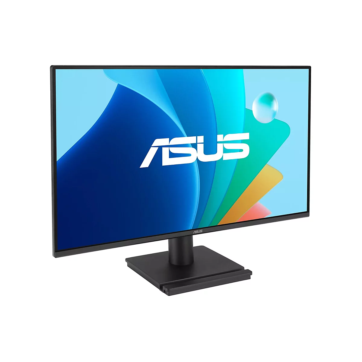 Un moniteur ASUS noir, sur fond blanc. L'écran affiche le logo ASUS sur un fond coloré.
