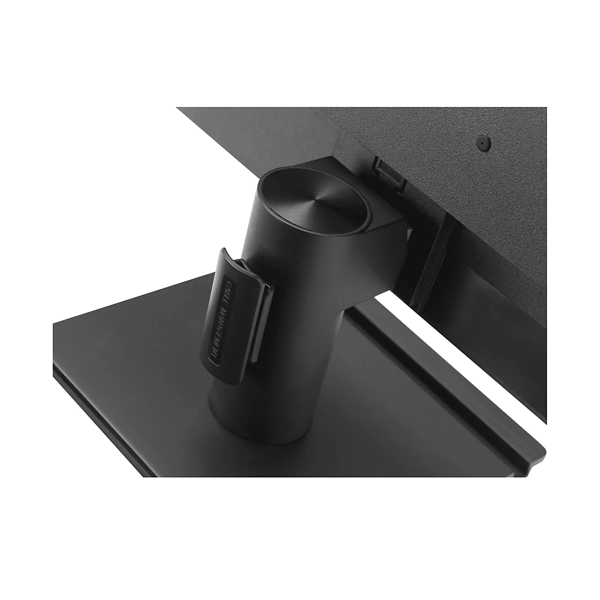 Gros plan d'un support d'écran noir avec gestion des câbles.