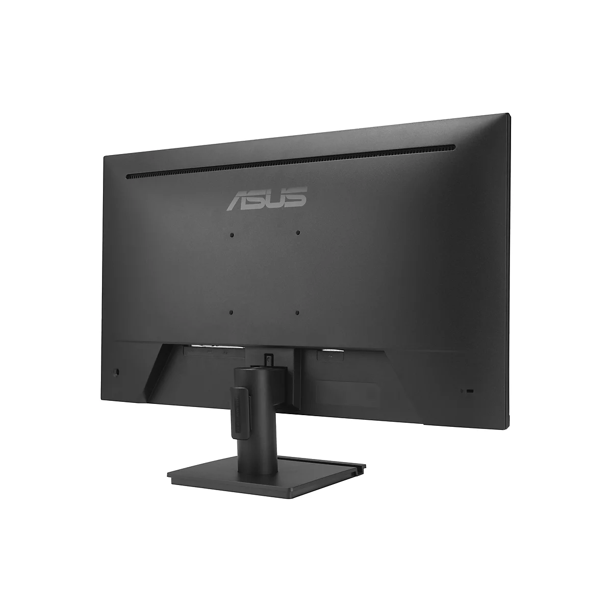 Vue arrière d'un moniteur ASUS noir avec pied. Le logo est visible, les ports et les fentes de ventilation sont visibles.