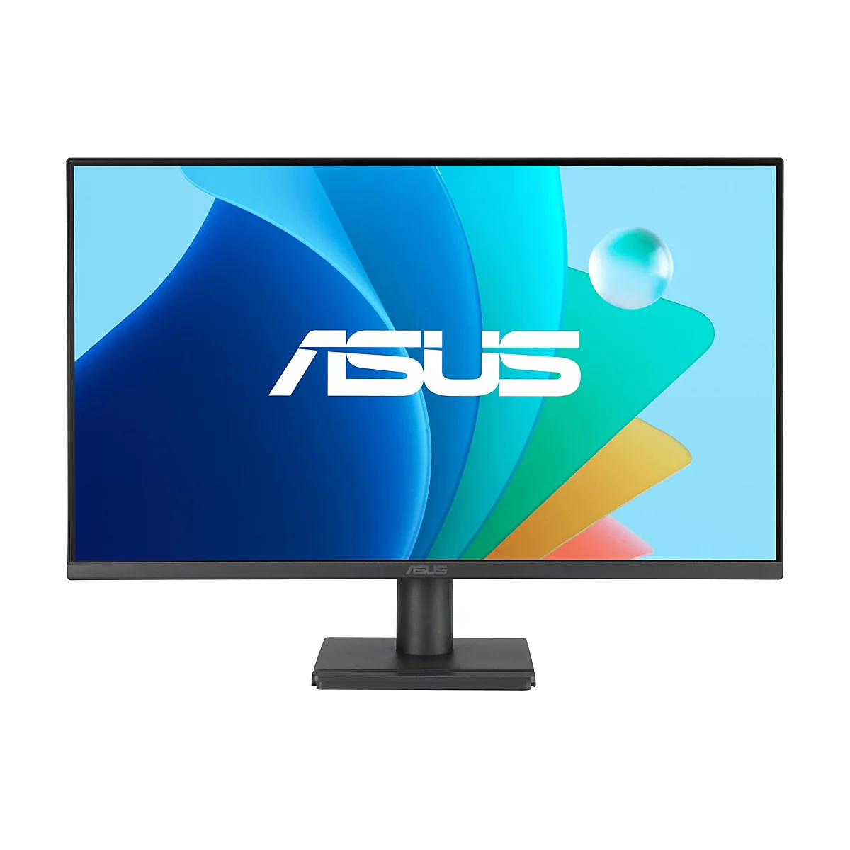 Un moniteur ASUS noir se dresse sur un fond blanc. L'écran affiche un design bleu et vert avec le logo ASUS.