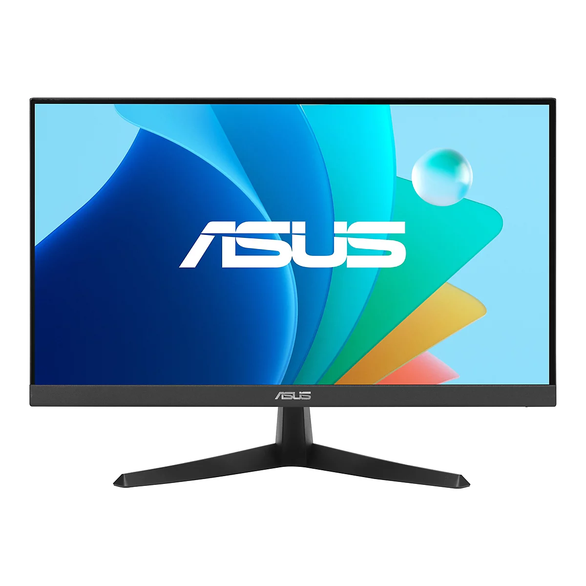 Un moniteur ASUS noir, sur fond blanc. L'écran affiche des formes abstraites bleues et vertes, et le logo ASUS est visible.