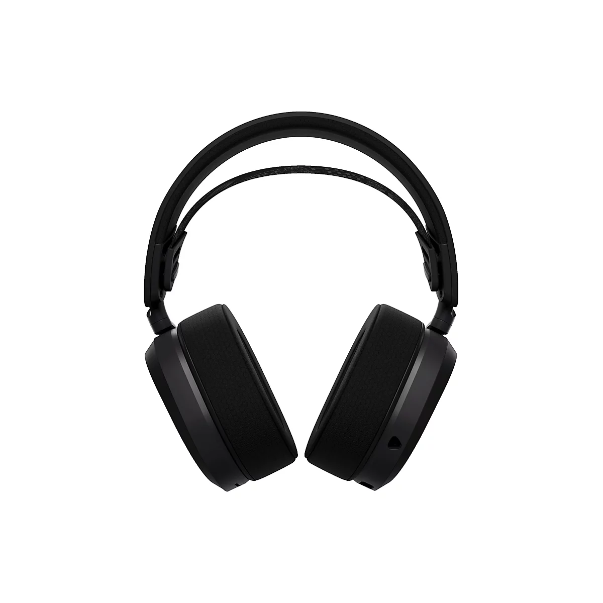 Casque noir, photographié de face sur fond blanc. On distingue les écouteurs, l'arceau et le rembourrage.