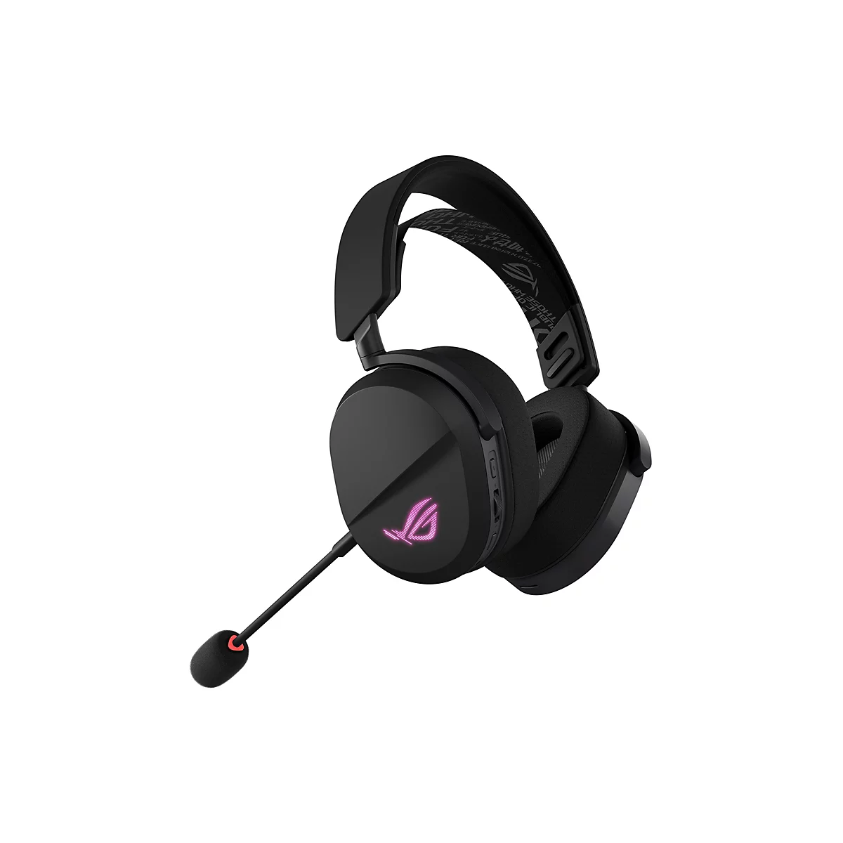 Casque de jeu noir avec microphone. Le logo ROG est sur les oreillettes, le microphone a une pointe rouge.