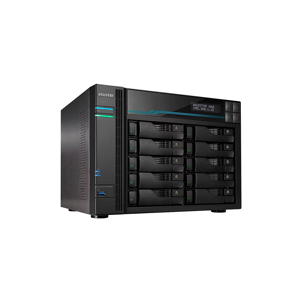 Schwarzer Asustor NAS-Server mit zehn Festplatteneinschüben und LCD-Statusanzeige vor weißem Hintergrund.