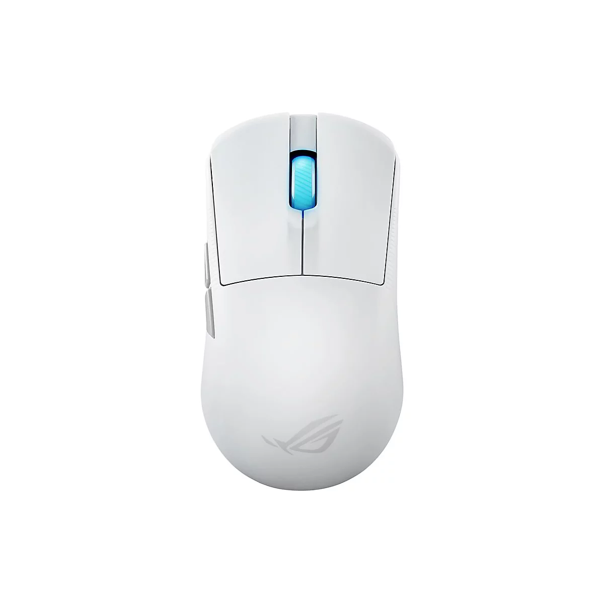 Souris de jeu blanche avec molette de défilement éclairée en bleu et logo ROG.