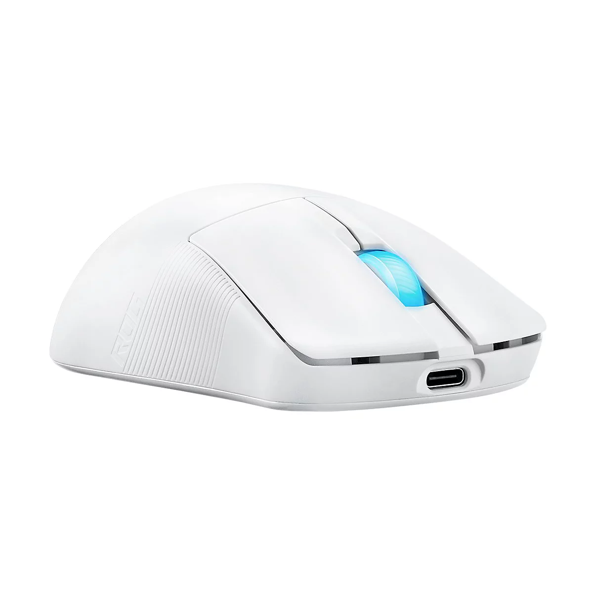 Souris de jeu blanche avec molette de défilement éclairée en bleu et port USB-C.