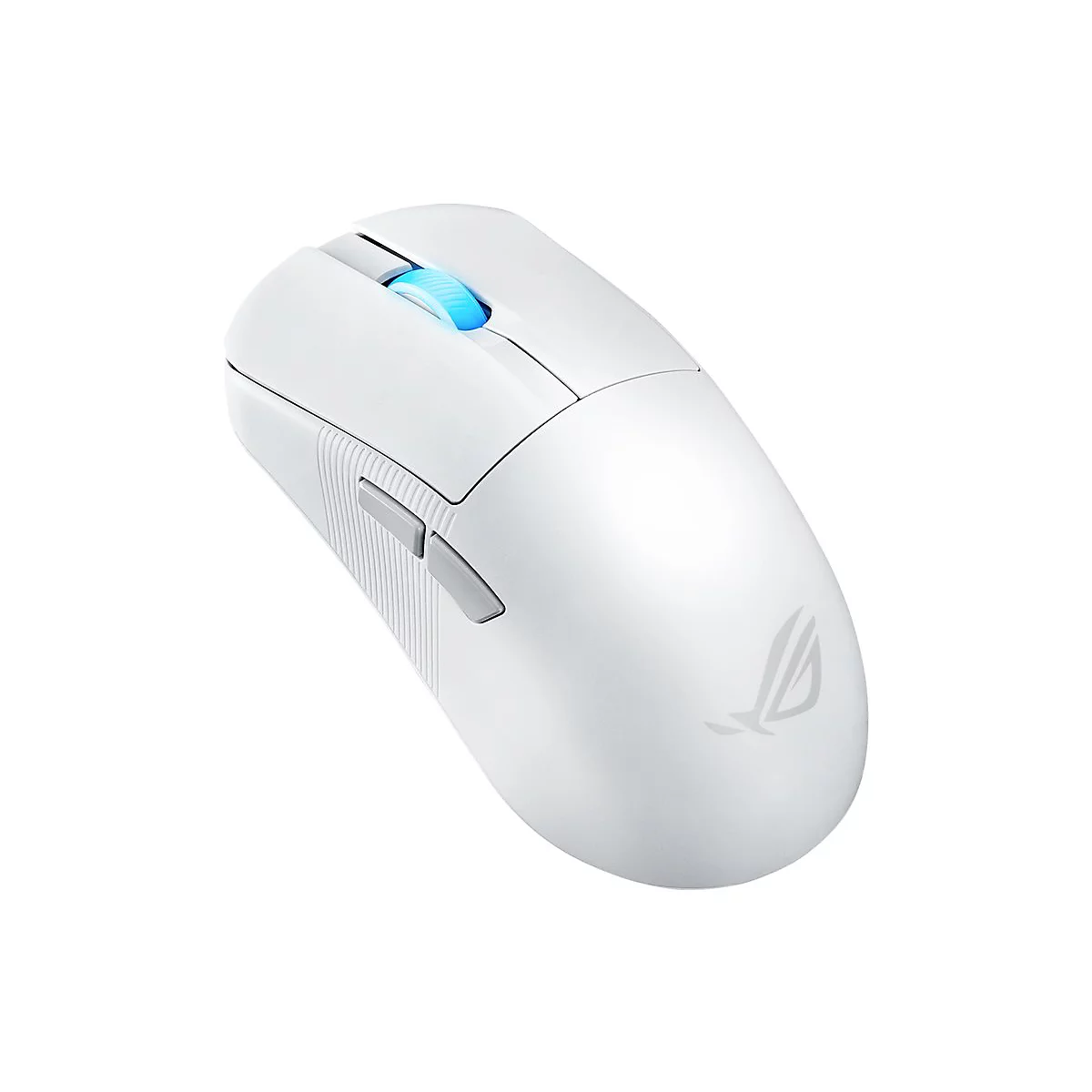Souris de jeu blanche avec des éléments lumineux bleus. Le logo ROG est visible sur la surface.