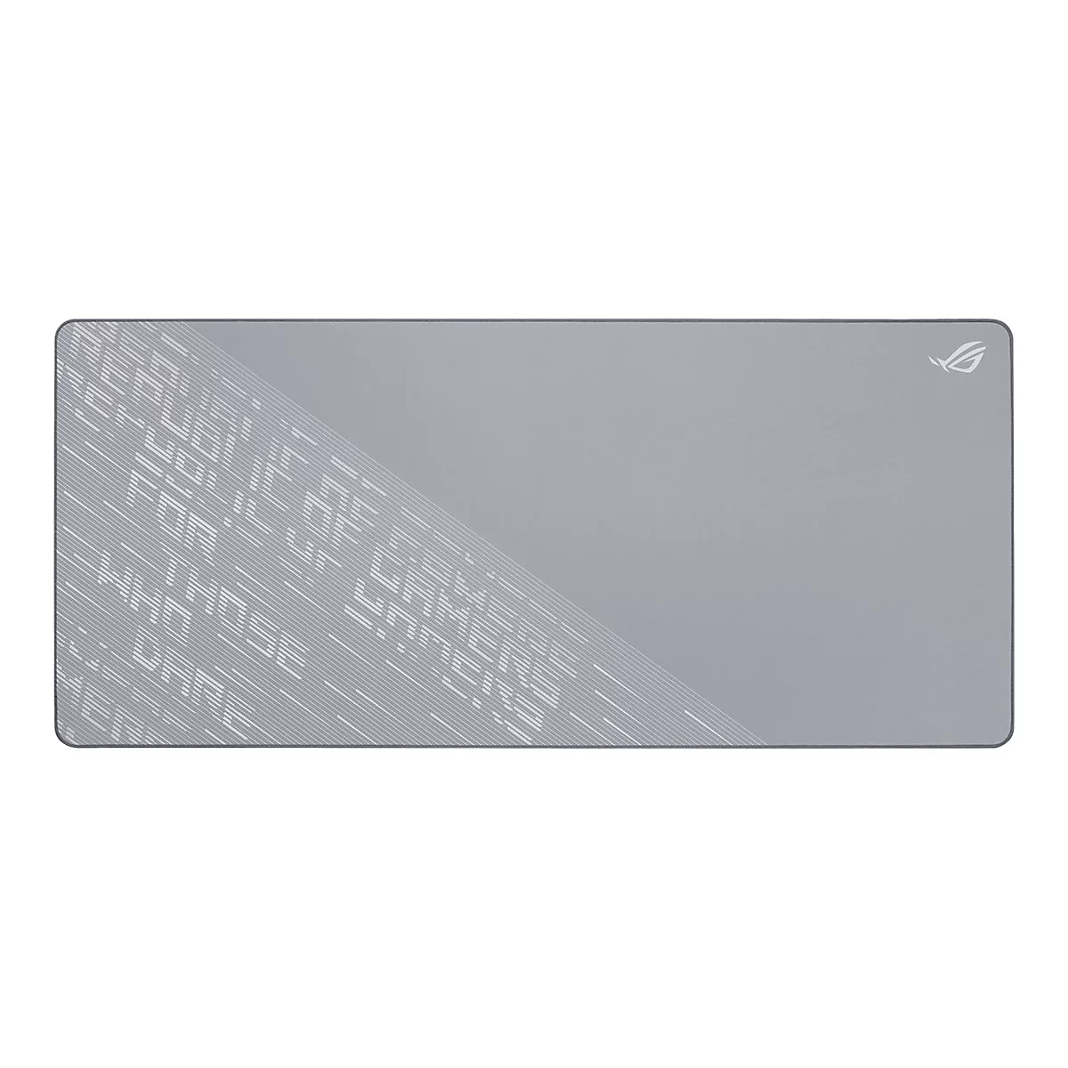 Tapis de souris rectangulaire gris avec logo ROG blanc et motif texte. Impression : "REPUBLIC OF GAMERS".