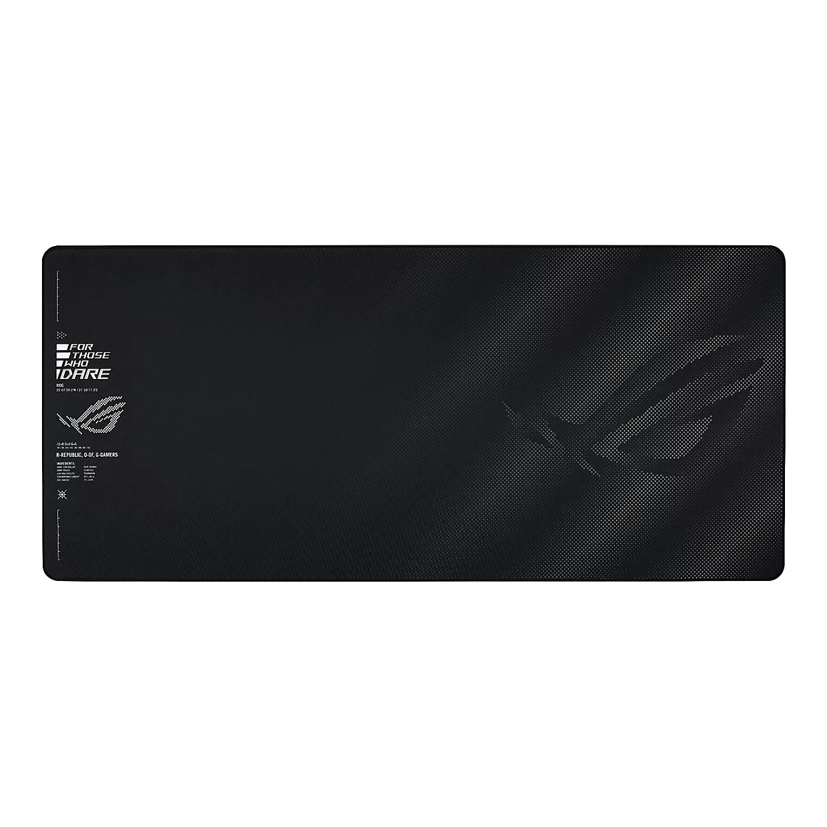 Schwarzes ROG Gaming-Mauspad mit Textaufdruck FOR THOSE WHO DARE und ROG-Logo auf weißem Hintergrund.