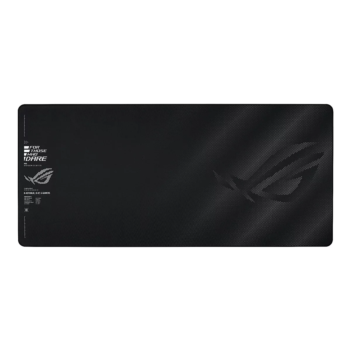 Tapis de souris rectangulaire noir avec lettrage et logo, sur fond blanc.