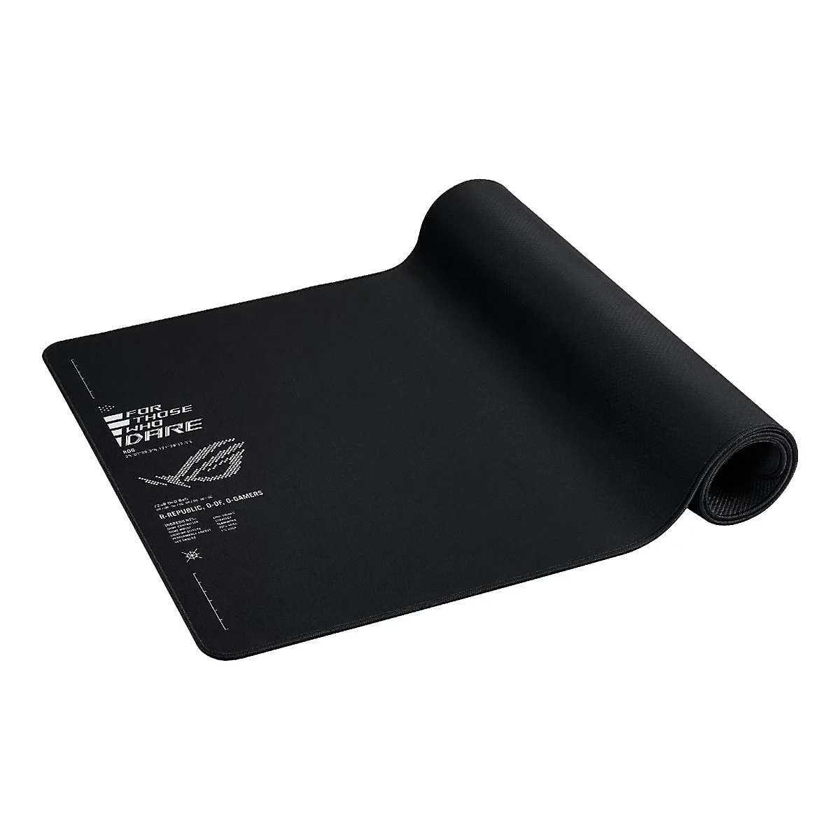 Schwarzes ASUS ROG Mauspad, teilweise eingerollt, mit weißem Text und Logo-Druck auf der Oberfläche.
