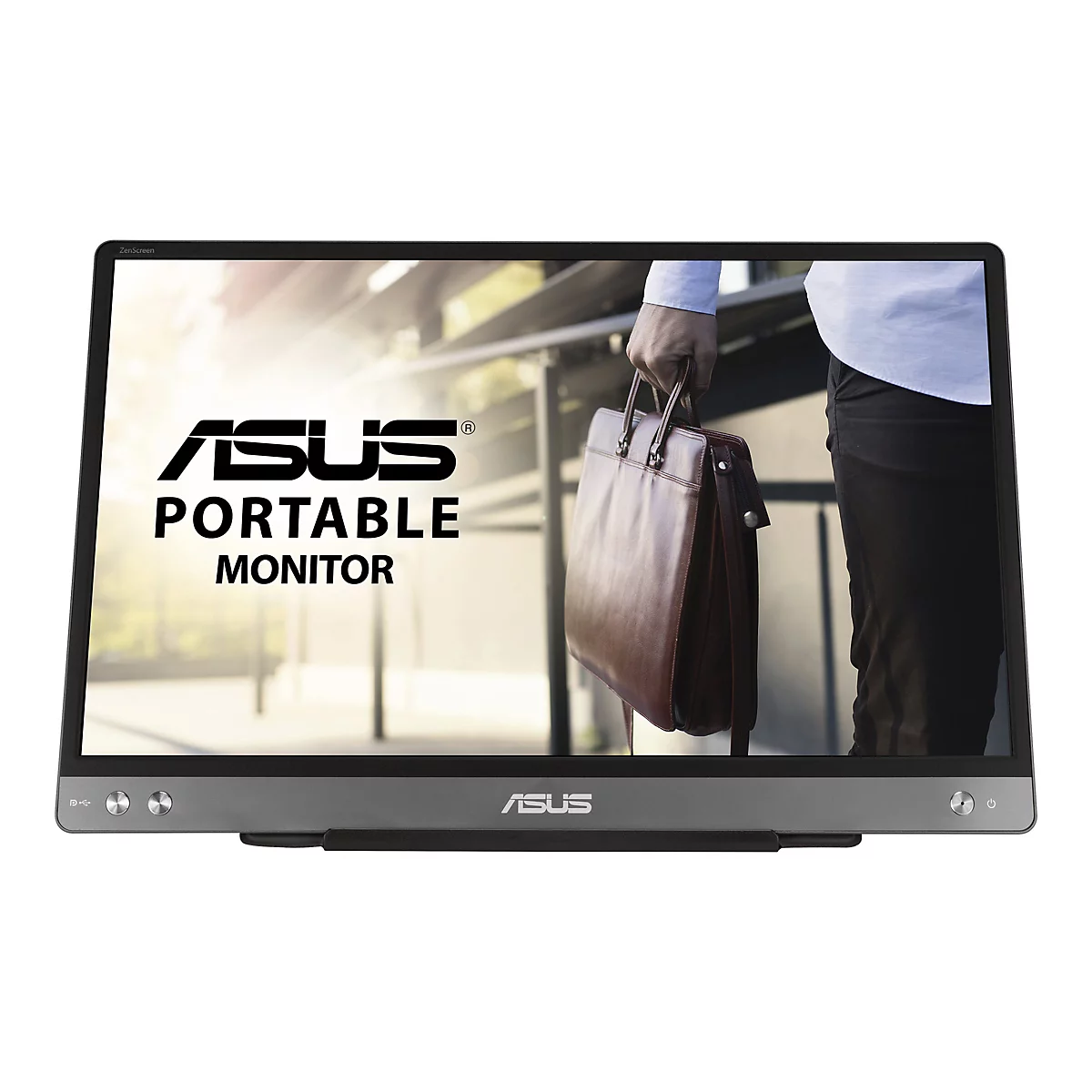 Un moniteur Asus portable affiche un homme avec une serviette en arrière-plan. L'écran indique Asus Portable Monitor.
