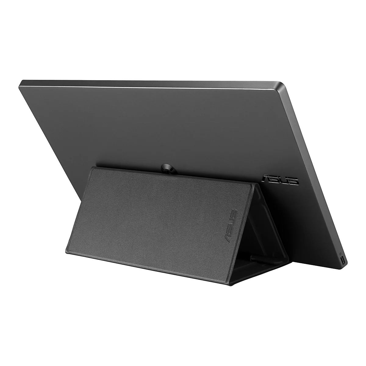 Une tablette noire avec un étui, légèrement inclinée. Le logo ASUS est visible.