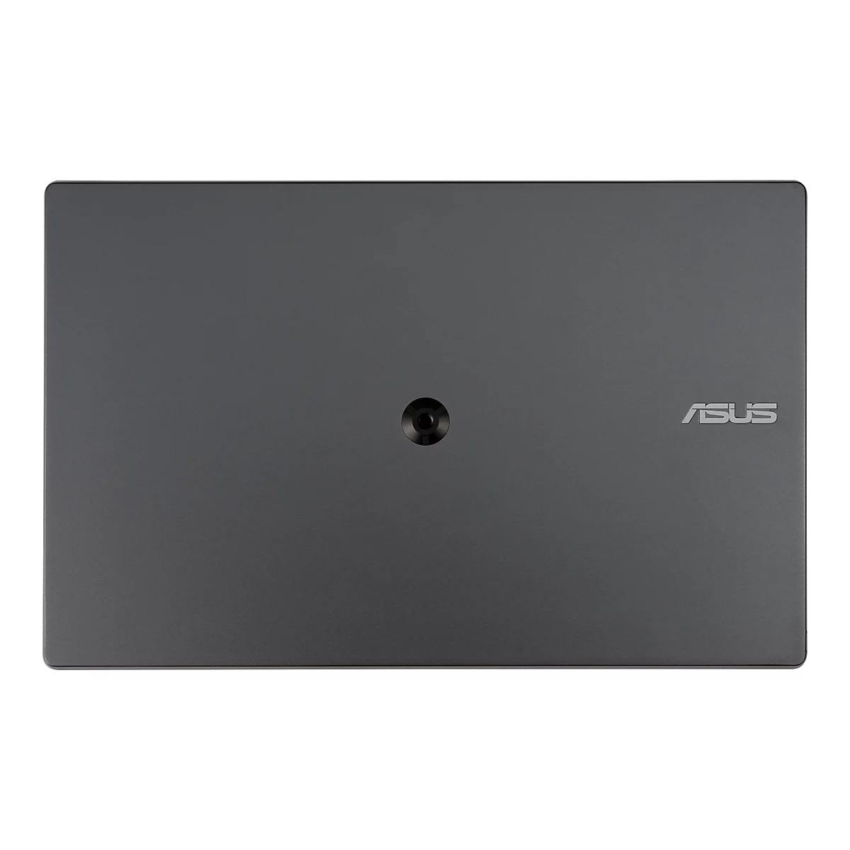 Ordinateur portable gris foncé, fermé. Un bouton circulaire est visible au centre, et le logo ASUS en bas à droite.
