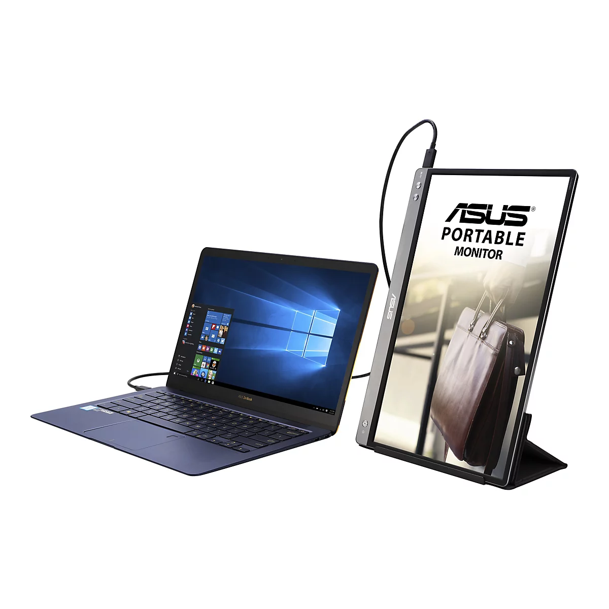 Ordinateur portable bleu et moniteur portable connectés par câble ; le moniteur affiche une main tenant un sac en cuir marron.
