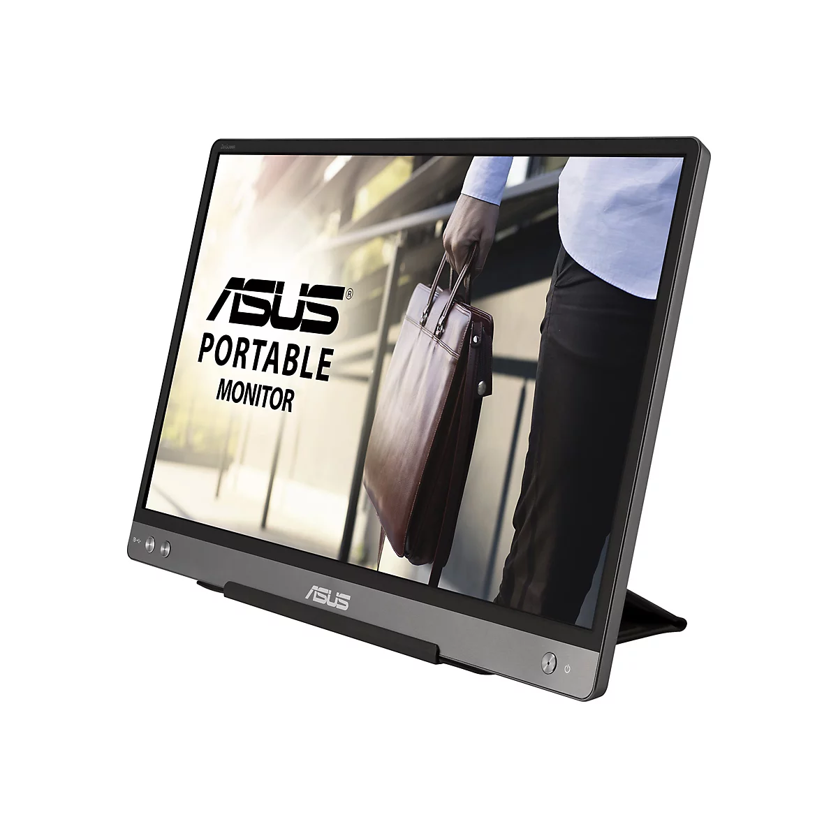 Ein tragbarer ASUS Monitor, der geneigt auf einer Ablage steht. Auf dem Bildschirm ist das Logo und der Schriftzug "Portable Monitor" zu sehen. Im Hintergrund ist eine Person mit Aktentasche abgebildet.