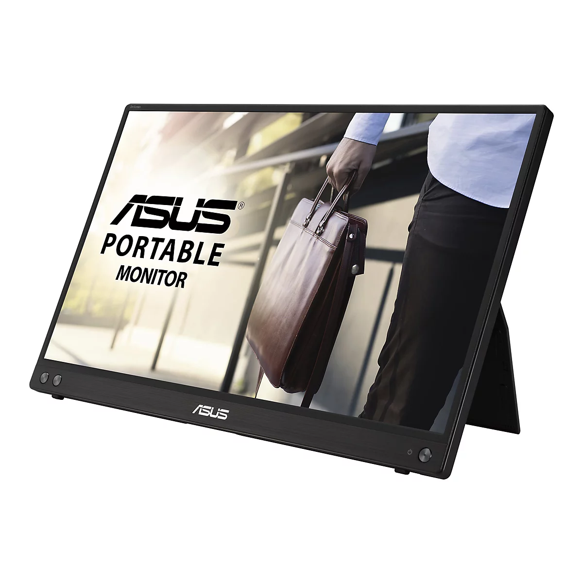 Un moniteur portable ASUS noir est installé en léger angle. Le logo ASUS et les mots "PORTABLE MONITOR" sont visibles sur le moniteur. En arrière-plan, on peut voir une personne avec un sac en cuir marron.