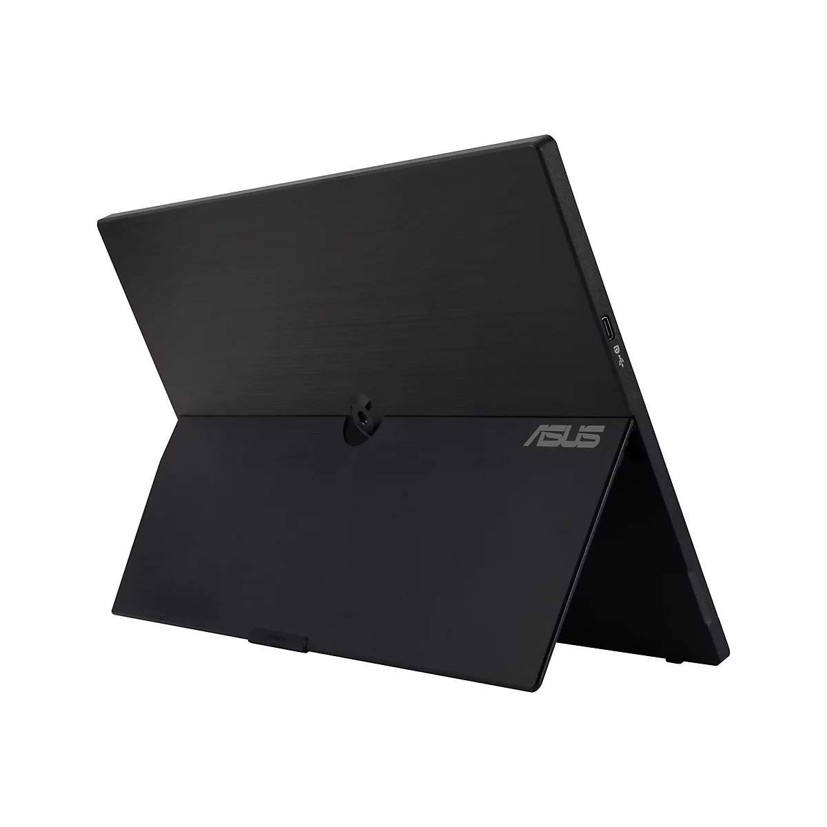 Tablette noire avec support, logo ASUS. Vue détaillée de la texture, des ports.