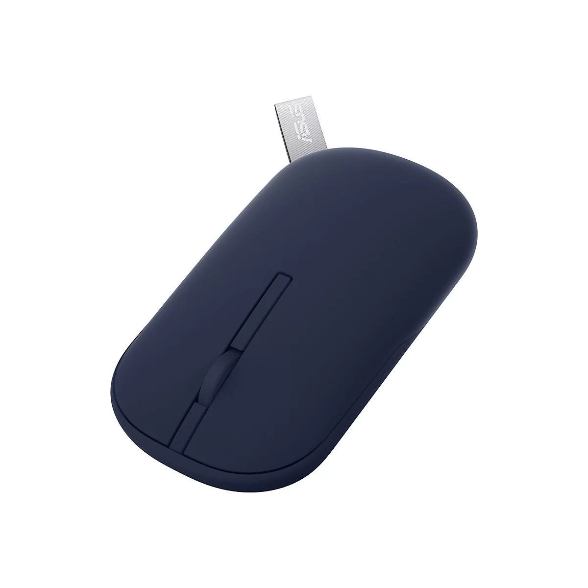Dunkelblaue, minimalistische Asus-Computermaus mit kleiner Stoffschlaufe auf weißem Hintergrund.