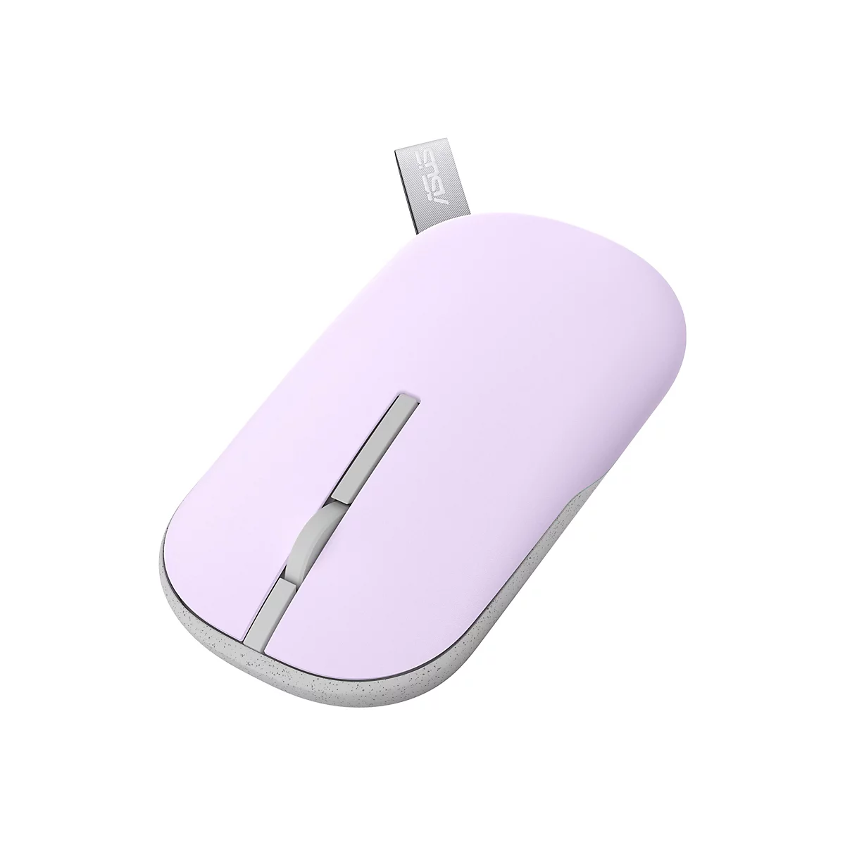 Flache, pastellfliederfarbene Asus-Computermaus mit grauem Scrollrad und einer kleinen Stofflasche auf weißem Grund.
