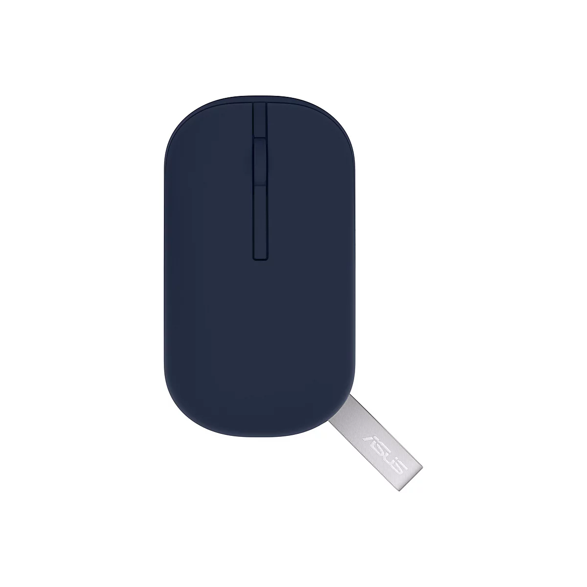 Dunkelblaue, minimalistische ASUS-Funkmaus in der Draufsicht mit einer hellgrauen Textilschlaufe am unteren Ende.