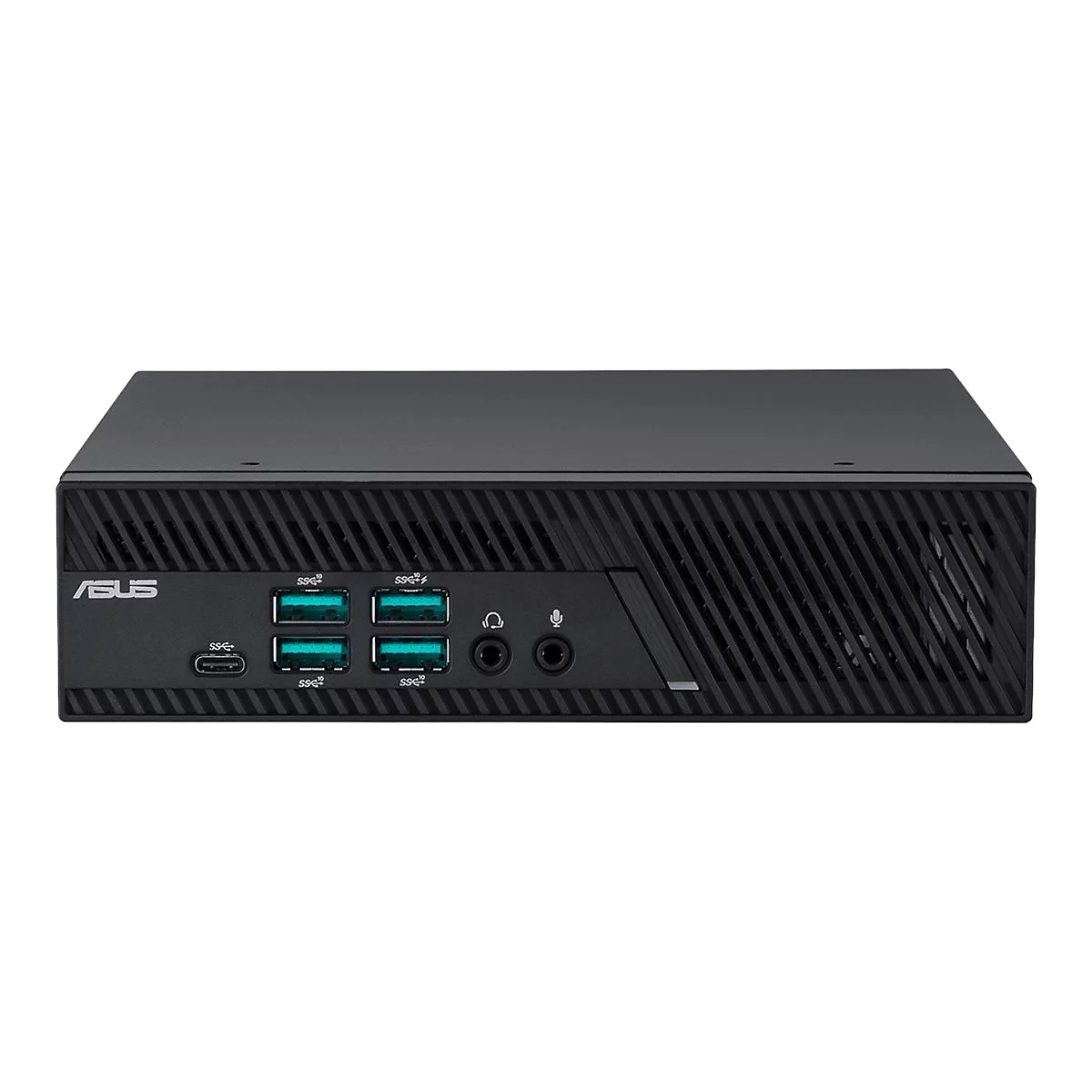 Schwarzer Mini-PC von Asus. Auf der Front sind Anschlüsse für USB und Audio zu sehen.