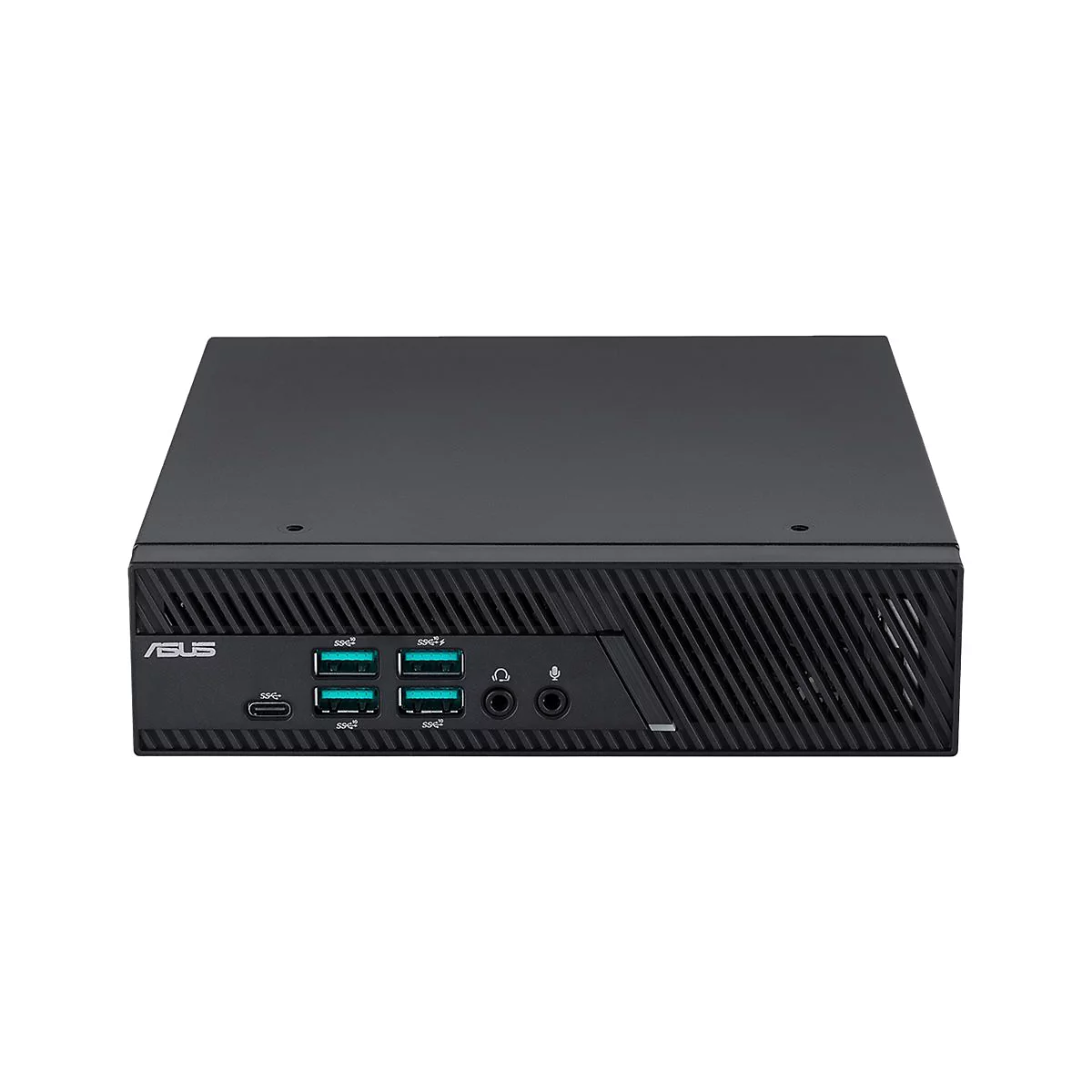 Schwarzer ASUS Mini-PC, Frontansicht: USB-Ports, Audioanschlüsse und Logo.