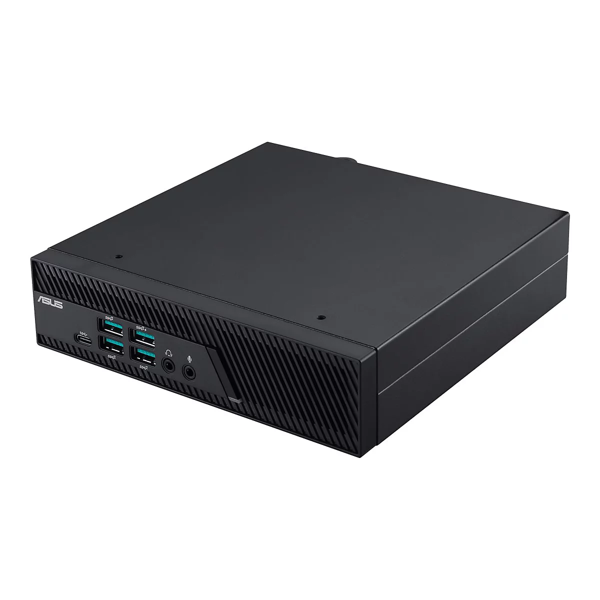 Schwarzer Mini-PC von Asus. Auf der Front befinden sich Anschlüsse wie USB und Audio.
