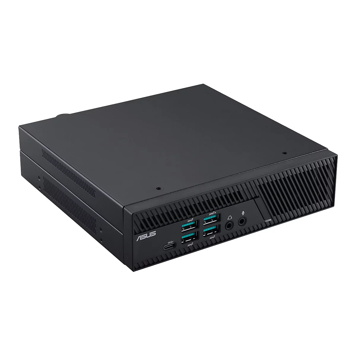 Schwarzer Mini-PC mit USB-Anschlüssen und ASUS-Logo. Auf weißem Hintergrund.