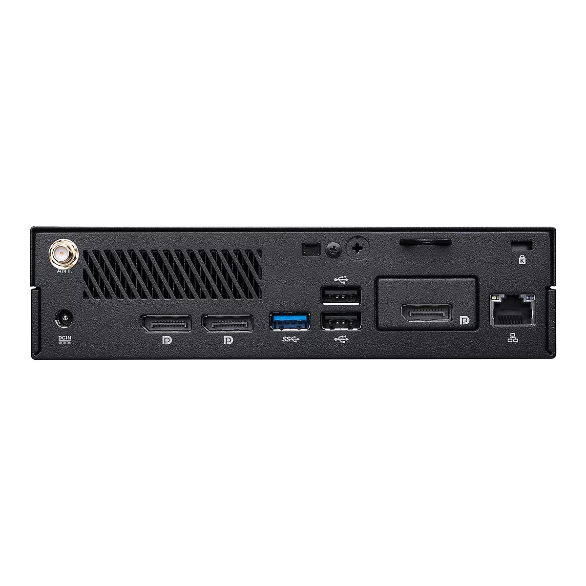 Rückansicht eines schwarzen Mini-PCs mit Anschlüssen: Antenne, DCIN, HDMI, USB, LAN und mehr. Detailliert.